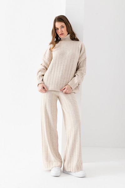 Wega Moda Women's Ribbed Knitwear Set, Turtleneck Bottom Top Knitwear Set, Knitwear Sweater Pants Two-Piece Set, Set