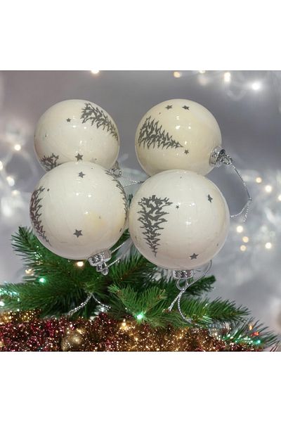 PARTİSERÜVENİ White Patterned Pine Tree Ornament Ball - Christmas 8 cm