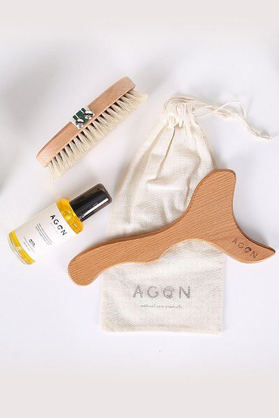 Agon Anti-Cellulite Massage Oil, Horsehair Cellulite Brush and Wooden Massage Tool Set