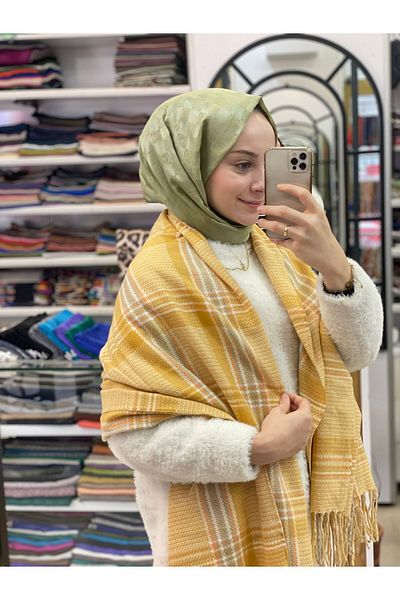 Sima Mustard Sima Winter Plaid Tweed Pattern Shoulder Shawl