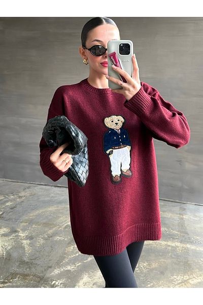 YouLikeButik Claret Red Lauren Teddy Bear Sweater
