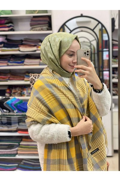 Sima Yellow Sima Winter Plaid Tweed Pattern Shoulder Shawl