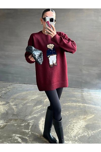 YouLikeButik Claret Red Lauren Teddy Bear Sweater