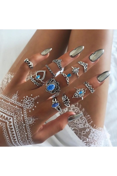 MURASSA BUTİK 13lu mavi taşlı çoklu yüzük seti