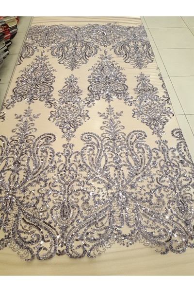 Safir Kumaş Pano Desen Abiyelik Koyu ispirto Renk İşlemeli Dantel 2.5 Metre (Astar Dahil)