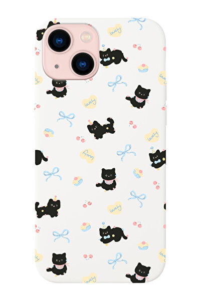 shoptocase iPhone 14/13 Uyumlu Lucky Cat Desenli Beyaz Lansman Telefon Kılıfı