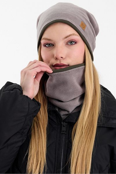 Butikgiz Gray Fleece Exterior and Khaki Cotton Inside - Double Color Foldable Beanie Set