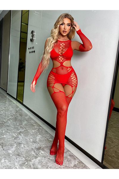 Bernato Чорап за тяло с червен дантелен дизайн - Elegance Mesh Fancy Wear