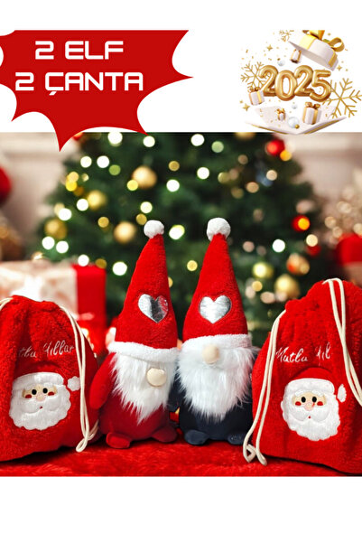 tosbai Yılbaşı Hediyesi Cüce Elf Kırmızı Ve Gri Ve Çanta Seçeneği 45 Cm Yılbaşı Dekoru Ve Peluş Oyuncağı