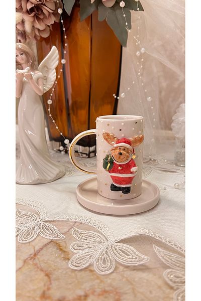 Port Aksesuar New Year's Concept Handmade Ceramic Coffee Cup (Santa Claus Themed) 180 ml