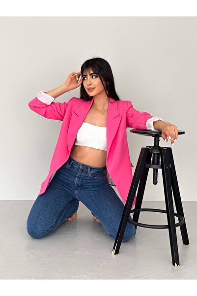 SUXİRCNHTMTS Γυναικείο σακάκι με λευκό ριγέ μανίκι και λεπτομέρεια σε πτυσσόμενο