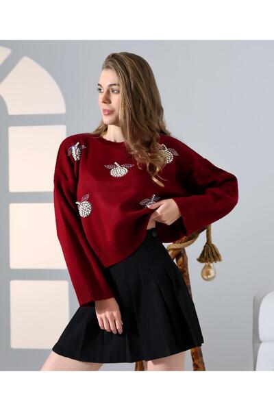 Butik Şenel Pulover la modă cu imprimeu măr și mazăre cu perle