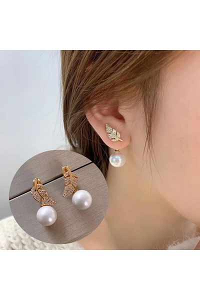 HOBİSY GIFT SHOP Elegant Pearl Detailed Leaf Figured Steel Earrings - Special Design Gold Color