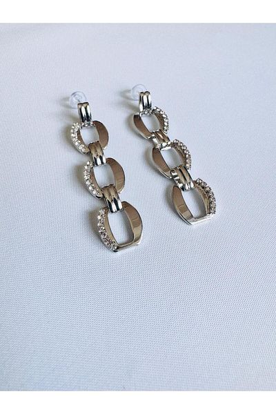 DEVİ fashion Silver Color Rectangular Chain Earrings 6 cm