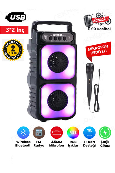 SUMBAT Bluetooth Hoparlör Rgb Işıklı Extra Bass Fm/Sd/Aux/Flaş Mikrofonlu Ses...