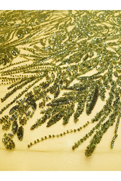 Safir Kumaş Yağ Yeşili İşlemeli Abiyelik Dantel 1 Metre