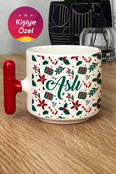 Hedizu Kişiye Özel Yılbaşı Desenli Kupa Bardak T Kulplu Kırmızı Yeni Yıl Hedi...