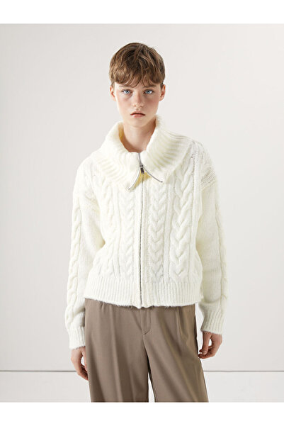 LC Waikiki Ecru Stand Collar Self Patterned Long Sleeve Women's Knitwear Cardigan