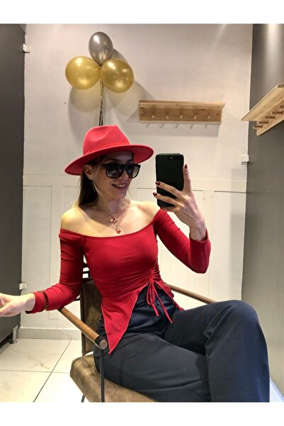 Gözde Tasarım Butik Women's Red Color Madonna Carmen Collar Shirted Asymetric Cut Bluz
