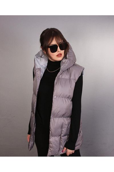 ÖNDER MODA Women's Gray Water and Windproof Oversize Hooded Seasonal Puffer Vest - 97_YLK