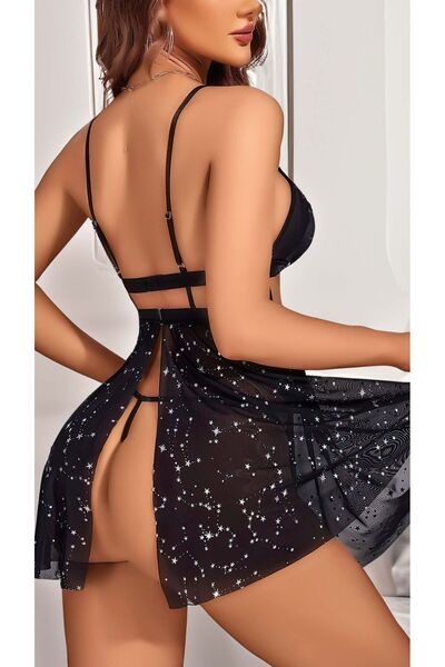 MİSS MELLY Cămașă de noapte mini elegantă, neagră cu sclipici