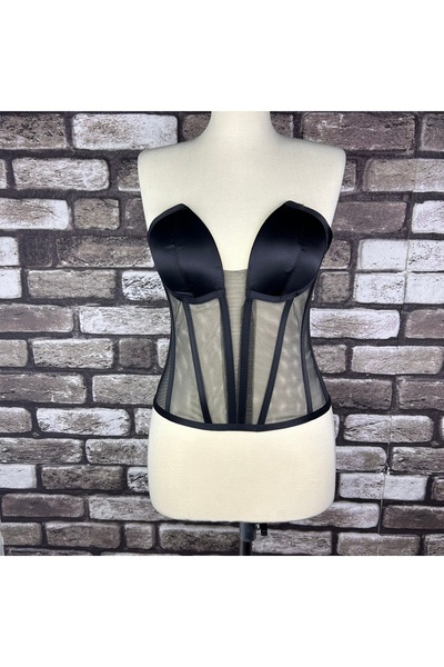 Metay Design Transparan Tül Korse Büstiyer Kedi Kulağı Model - Siyah