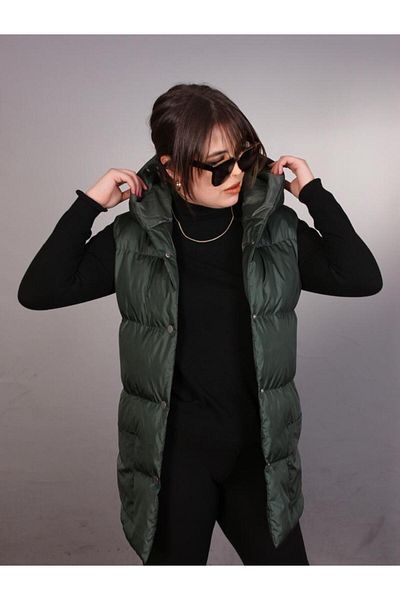 ÖNDER MODA Women's Green Water and Windproof Oversize Hooded Seasonal Puffer Vest - 97_YLK