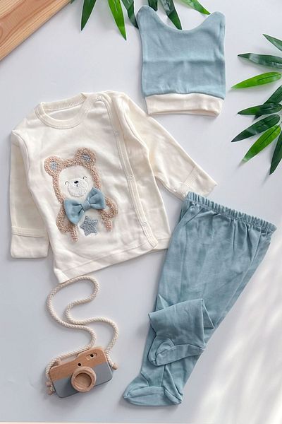 Pear Wear Baby Boy 3-Piece Hospital Release Teddy Bear Embroidered Baby Boy Set 3 Pieces
