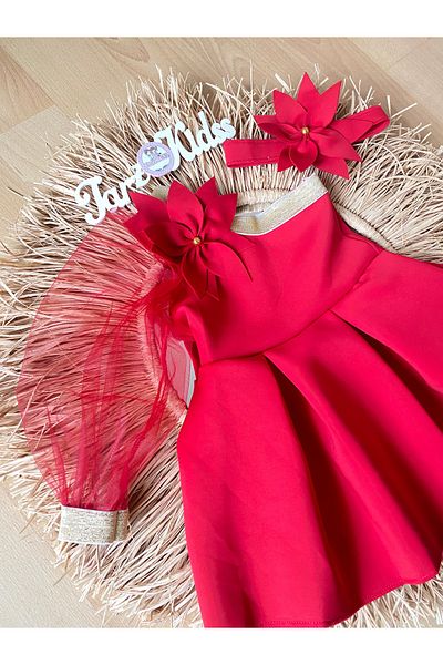 MODA Girl's Dress - One Sleeve Red with Flowers 6 Months - 5 Years