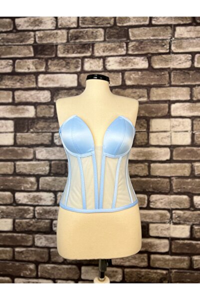 Metay Design Transparan Tül Korse Büstiyer Kedi Kulağı Model - Bebe Mavi