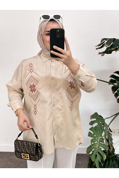 ASEL FASHİON Camasa In Bumbac Brodata Bej