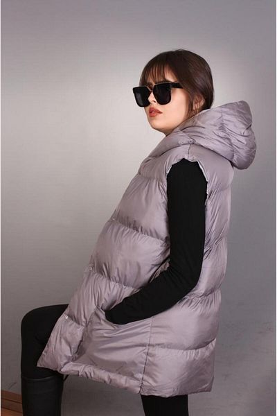 ÖNDER MODA Women's Gray Water and Windproof Oversize Hooded Seasonal Puffer Vest - 97_YLK