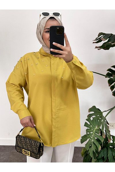 ASEL FASHİON Cămașă țesută cu bijuterii perlate galbenă