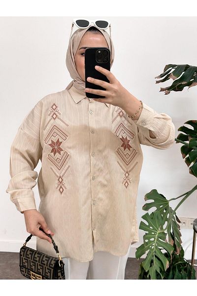 ASEL FASHİON Camasa In Bumbac Brodata Bej