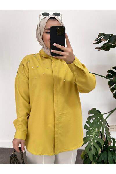 ASEL FASHİON Pearled Jewelled Woven Shirt Yellow