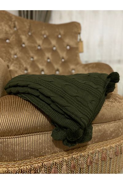 YGT Home Derya 10 Pompom Knitwear Knitted Tv Blanket Khaki 130X170 |   Armchair Decor-Leg Shawl-Seat Cover