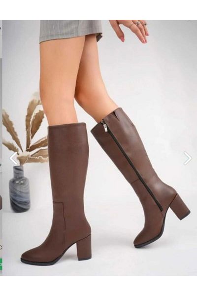 motto store Women's Heeled Long Boots Women's Black Zippered Below the Knee Length Heeled Boots Heel Height 9 cm