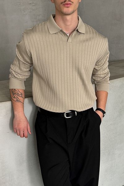 HYMAN Men's Polo Collar Ribbed Oversize Knitwear Sweater
