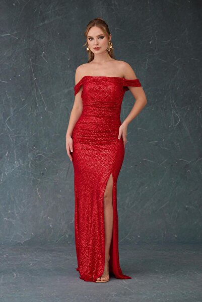 Carmen Kırmızı Düşük Kollu Payet Abiye Elbise