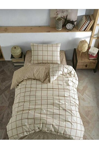 KAAN PREMIUM TEK KİŞİLİK KREM KARELİ+BEJ NEVRESİM TAKIMI, 90X190 LASTİKLİ ÇAR...