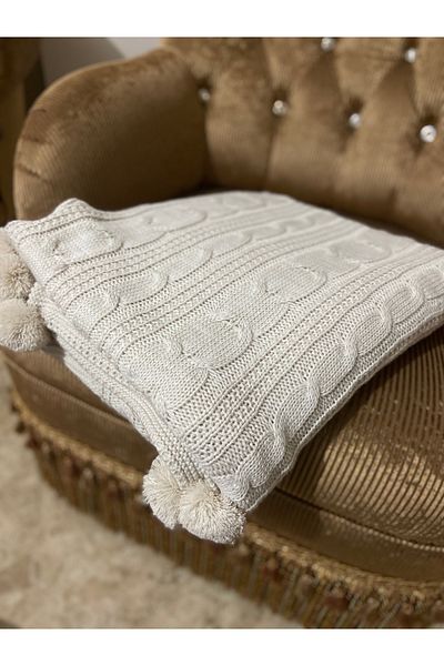 YGT Home Derya 10 Pompom Knitwear Stone Blanket Tv Sofa Decor 130X170 - Leg Shawl and Seat Cover