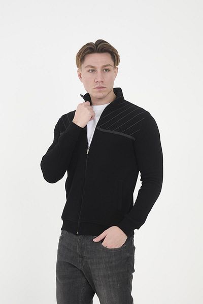 Maccali Men's Echowave Striped Stand Collar Zip-Up Solid Black Sweatshirt