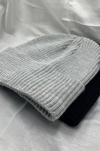 KISCHE 2 Adet Erkek Ve Kadın Yumuşak Dokulu Fitilli Kışlık Siyah Gri Rengi Bere Set