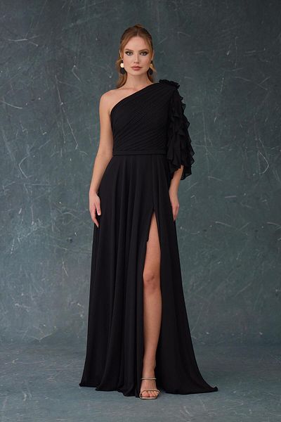 Carmen Black One Sleeve Slit Chiffon Evening Dress