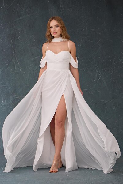 Carmen Beyaz Düşük Kollu Şifon Dış Çekim Elbisesi