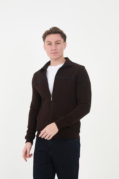 Maccali Men's Echowave Striped Stand Collar Zip-Up Plain Brown Sweatshirt