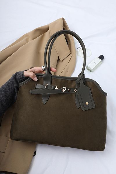 Mopia Ester Khaki Suede Women's Lock Detailed Hand and Shoulder Bag