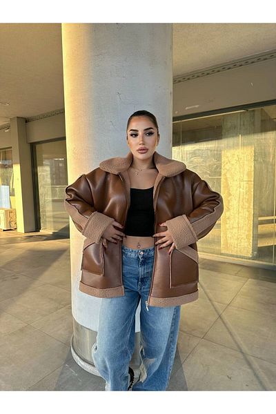 SennaStore Leather Coat with Sleeves and Pocket Detail