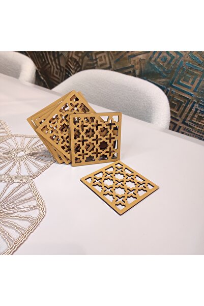 aycut Dekoratif MDF El Boyaması Bardak Altlığı 6 lı Set + Stant Hardal Hazera...