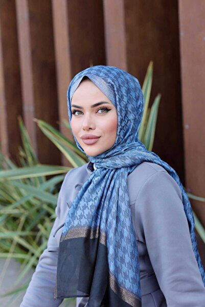 Arwella Blue Houndstooth Pattern - 40% Silk Tulle Shawl